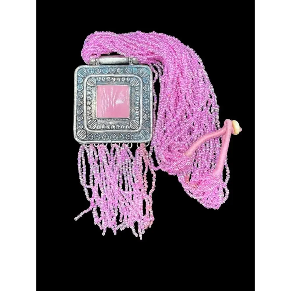 Handmade Pink Multi-Strand Beaded Necklace with Ornate Square Pendant